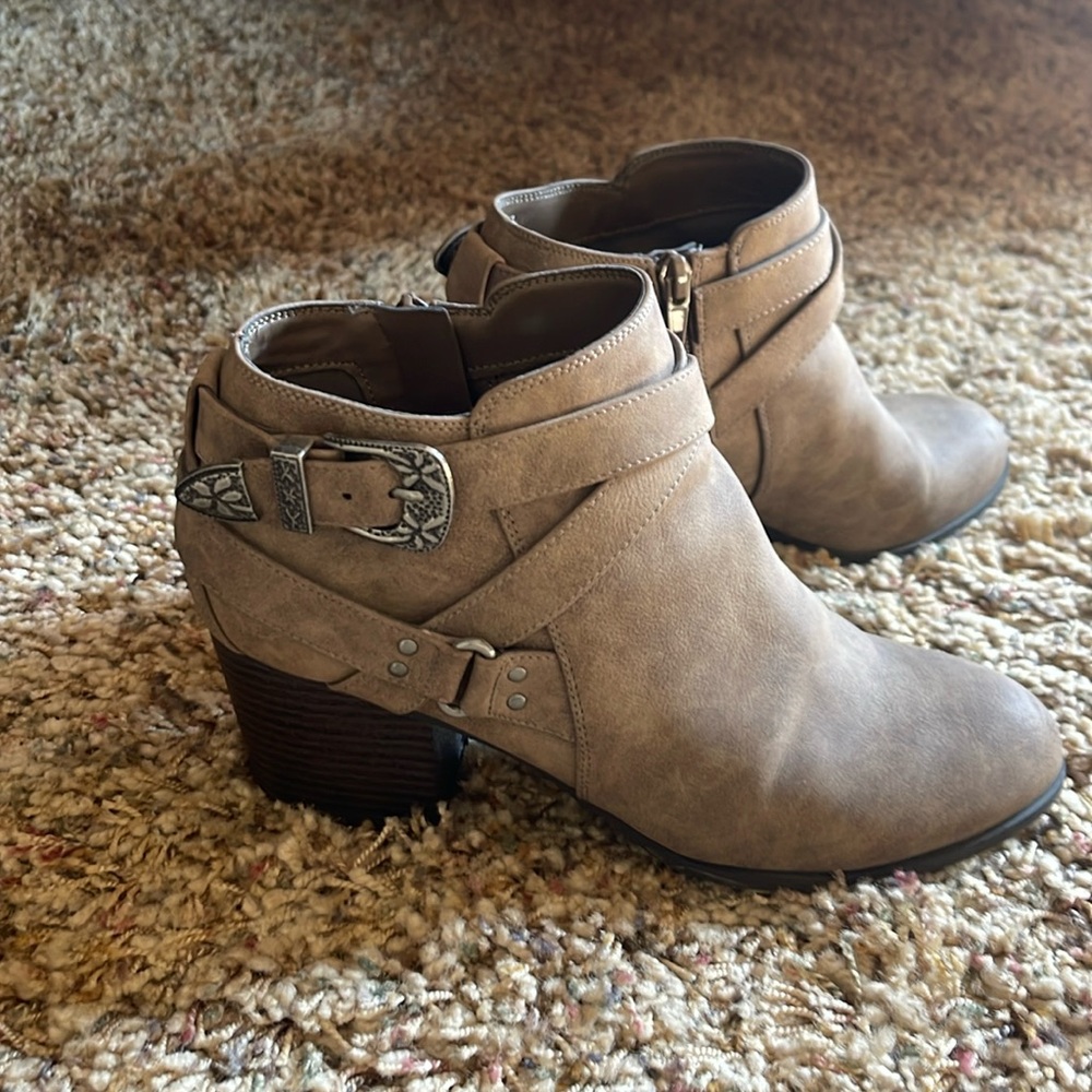 Indigo Taupe Suede Ankle Booties with Western Buckle Size 9